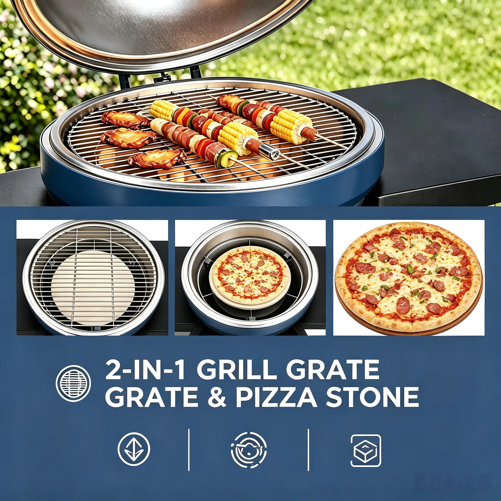 Barbecue au charbon de bois SUNJOY 20 pouces, barbecue d'extérieur en forme d'œuf avec pierre à pizza, barbecue et fumoir ultimes avec roulettes - Bleu marine