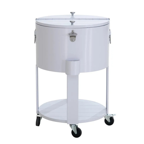 SUNJOY 60 Quart Portable Rolling Ice Chest Drink Cooler Cart with Bottle Opener and Shelf - White