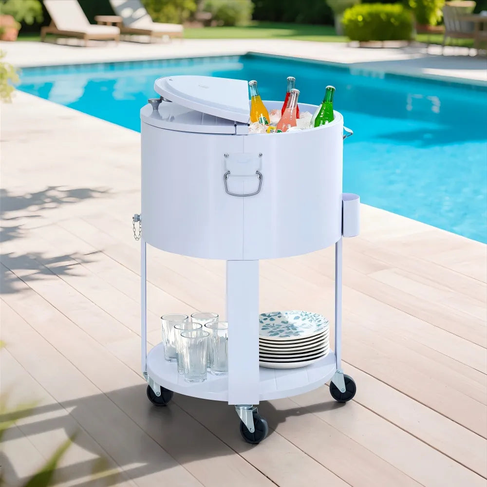 SUNJOY 60 Quart Portable Rolling Ice Chest Drink Cooler Cart with Bottle Opener and Shelf - White 