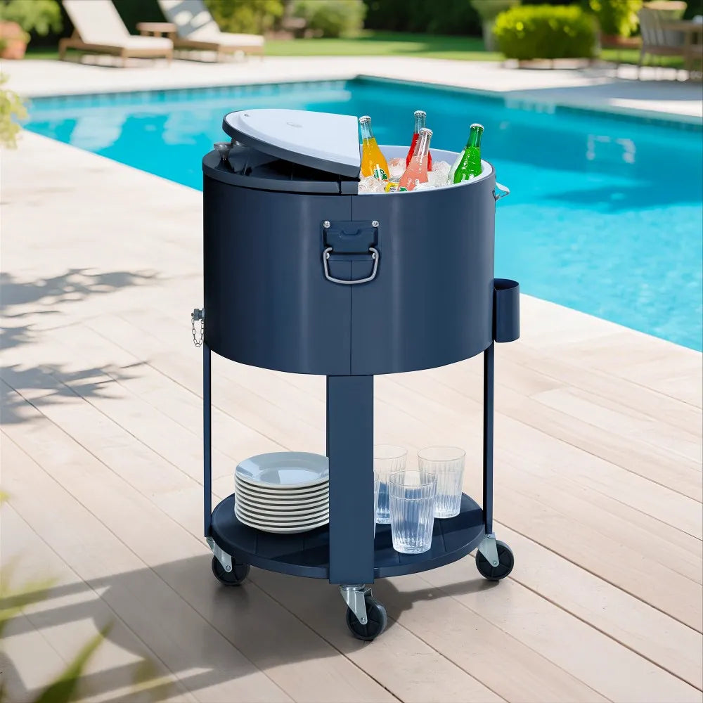 SUNJOY 60 Quart Portable Rolling Ice Chest Drink Cooler Cart with Bottle Opener and Shelf - Blue