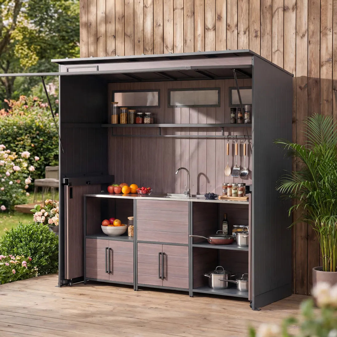 SUNJOY 7x3 Outdoor Kitchen Shed with Overhead Lift-Up Door & Folding Sliding Doors(Shed Only)