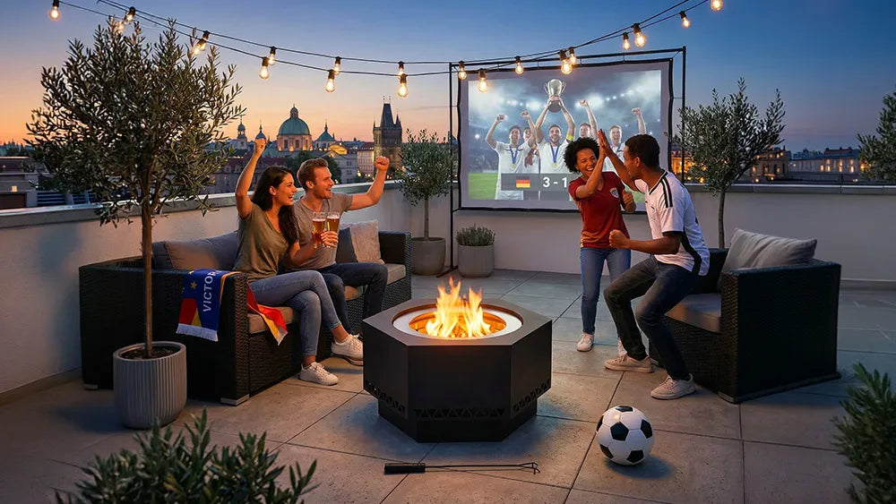 Watching the World Cup with friends in the backyard, sitting around the fire pit