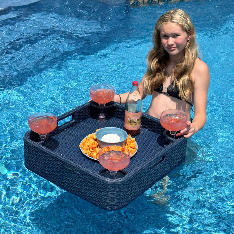 SUNJOY 24x24 Inch Aluminum Frame Wicker Floating Tray for Pool.