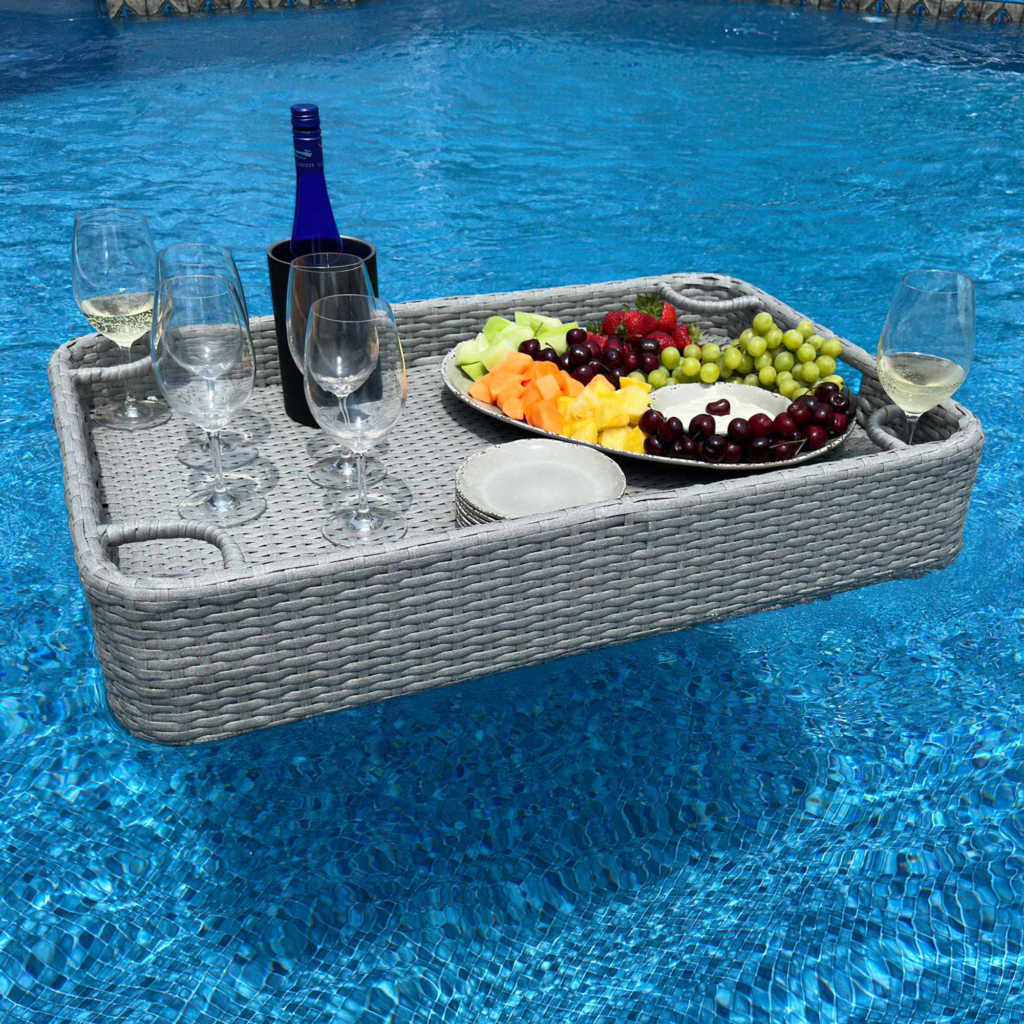 SUNJOY 36x24 Inch Wicker Floating Pool Tray for Drinks and Snacks.