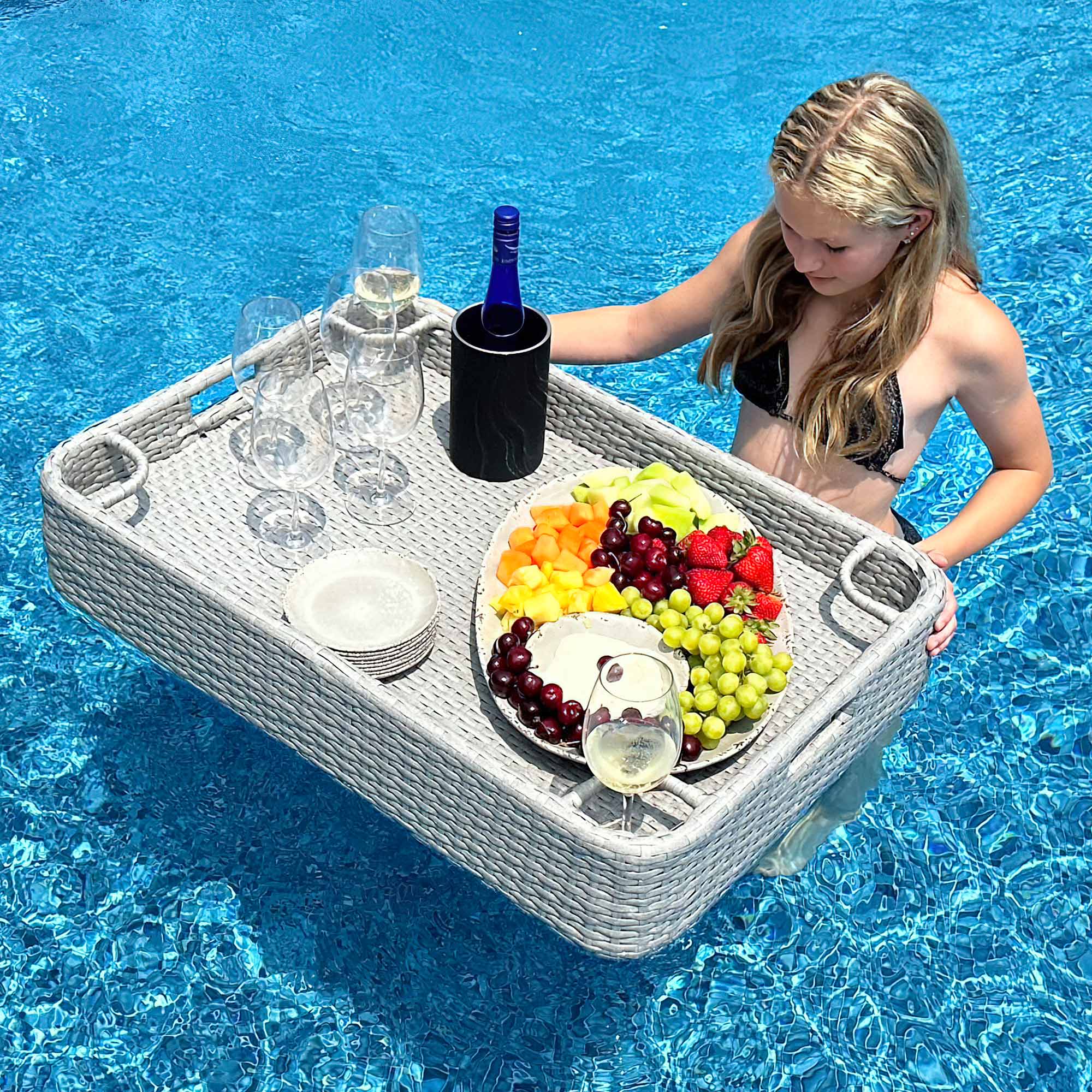 SUNJOY 36x24 Inch Wicker Floating Pool Tray for Drinks and Snacks.