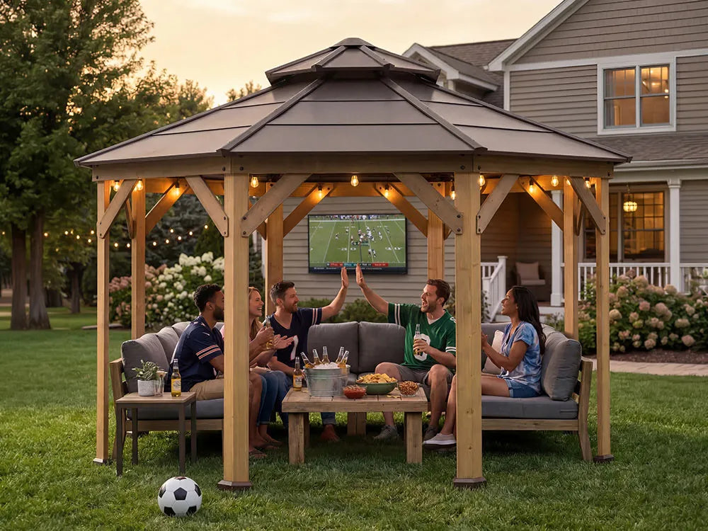 A group of people watched the World Cup together under a gazebo with lights