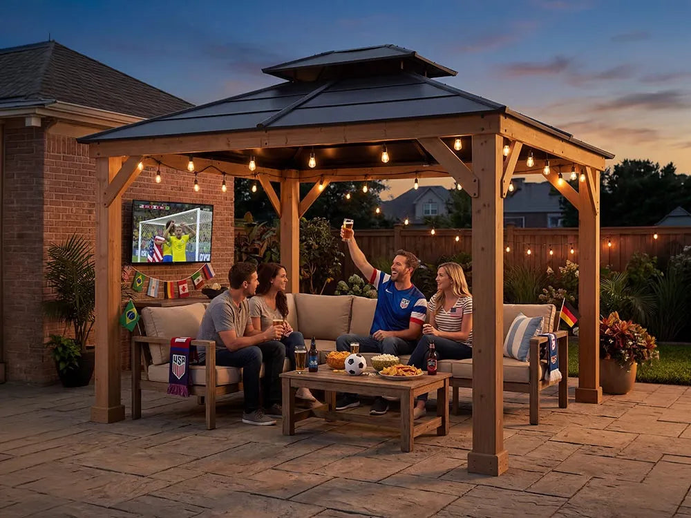 A family raises their glasses to celebrate the World Cup match