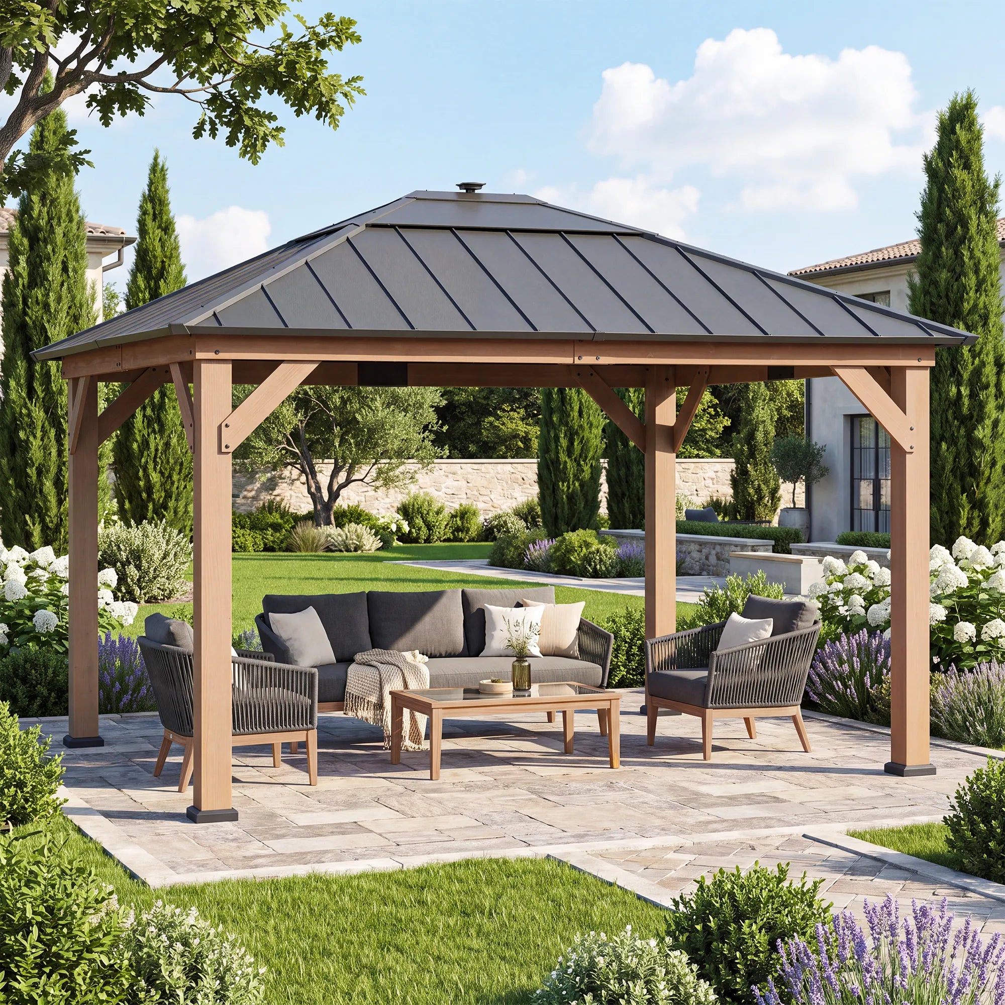 Smart Solar Wooden Gazebo with Integrated LED 11' x 13' - Weathered Cedar