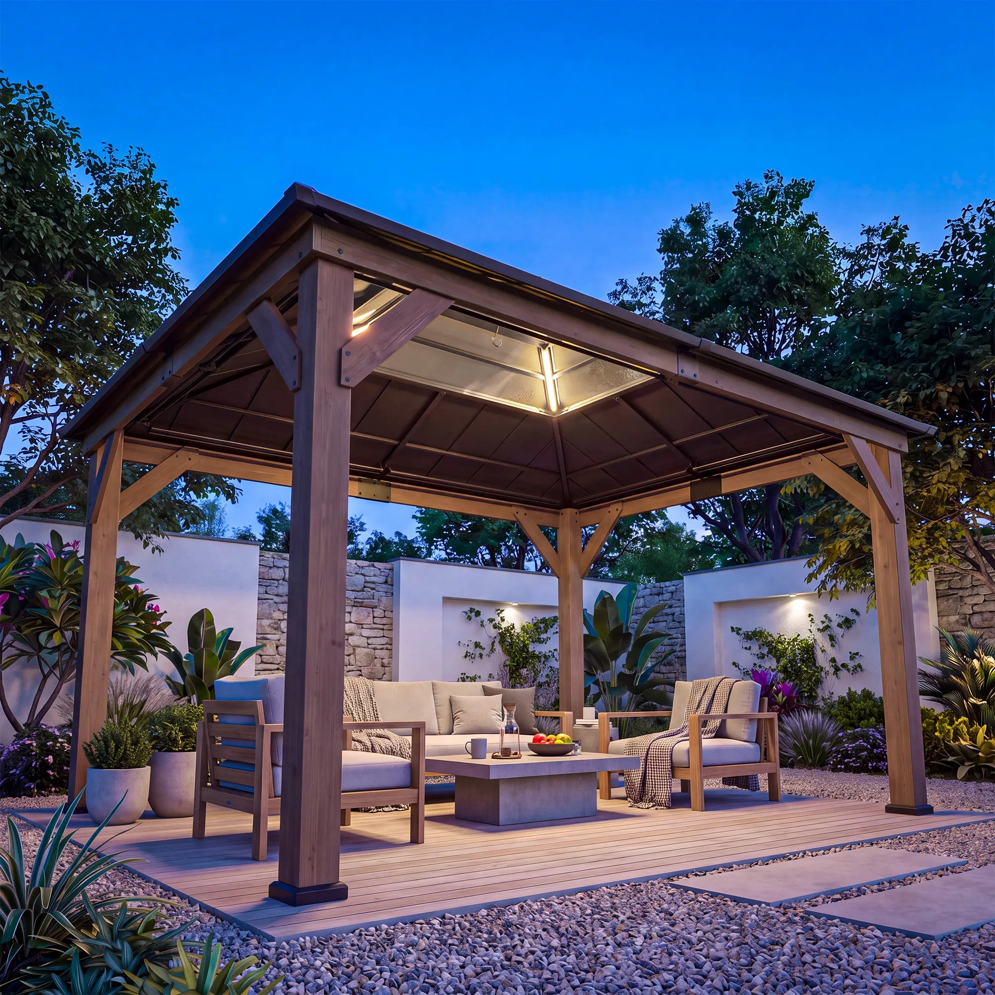 Smart Solar Wooden Gazebo with Integrated LED 11' x 13' - Weathered Cedar