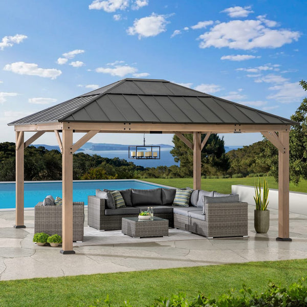 SUNJOY 13x15 Wooden Gazebo with Translucent Skylight and Ceiling Hook.