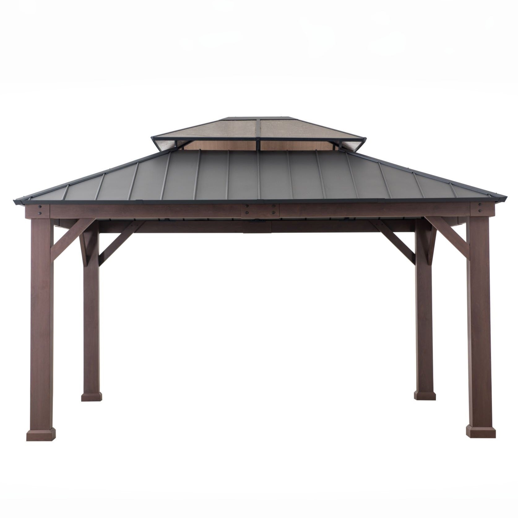 A double-tiered gazebo with a dark gray metal roof and brown wooden posts, shown from a front three-quarter angle on a solid white background.
