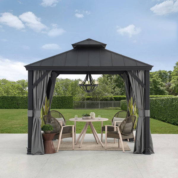 SUNJOY 10x10 Hardtop Gazebo with Aluminum Frame, Netting, and Curtain.