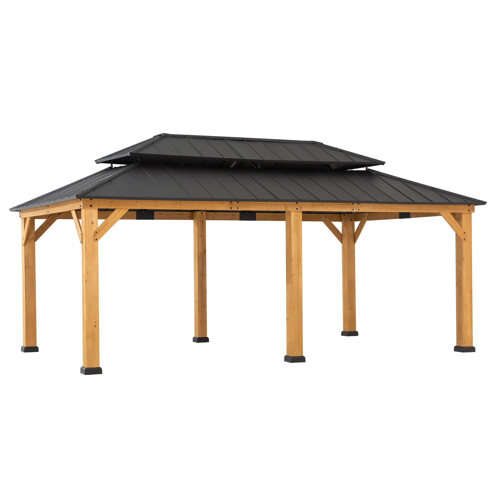 SUNJOY 12x20 Wooden Frame Hardtop Gazebo with Rectangle Double Tier and Ceiling Hook - Standard Natural Cedar