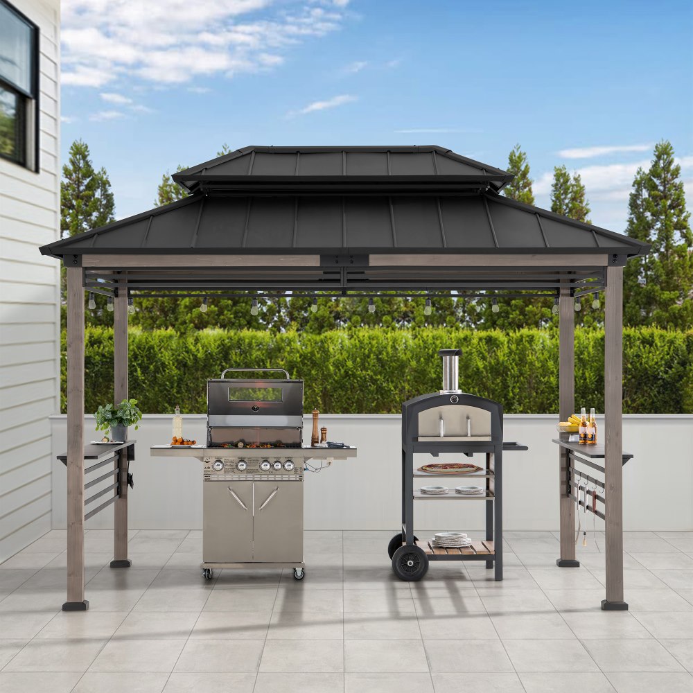 Gazebo grillagé en bois SUNJOY 12x8 avec toit en métal, étagères et crochets
