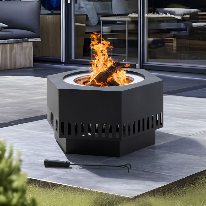 Smokeless Hexagon Round Stainless Steel Fire Pit with Cover - SUNJOY