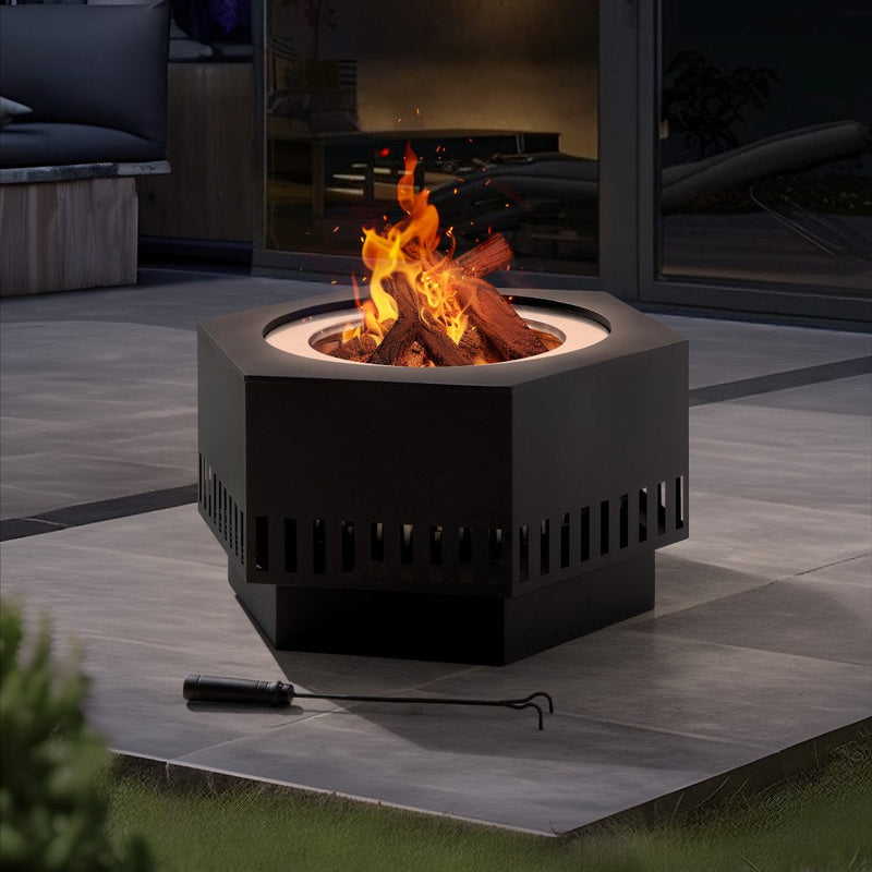 Smokeless Hexagon Round Stainless Steel Fire Pit with Cover - SUNJOY