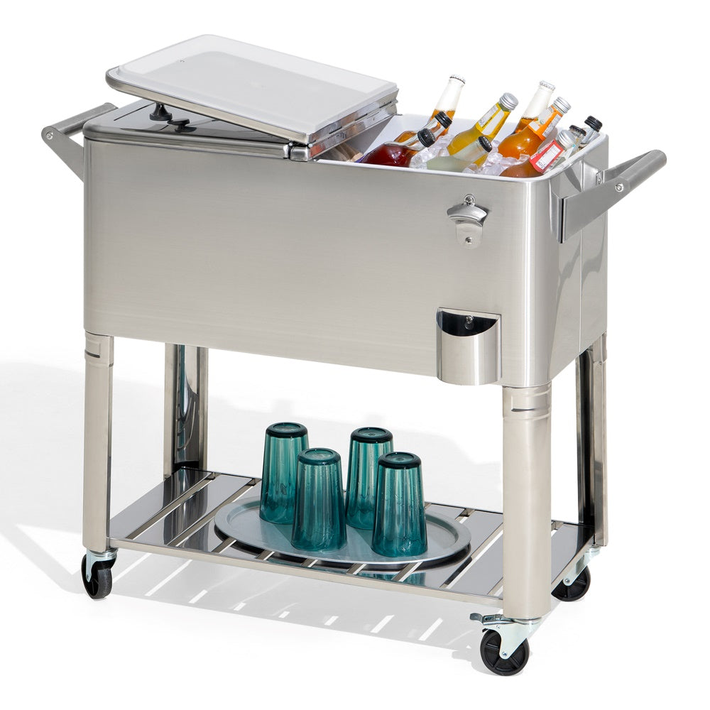 SUNJOY 80 Quart Stainless Steel Cooler Cart with Bottle Opener, Shelf and Lockable Wheels.
