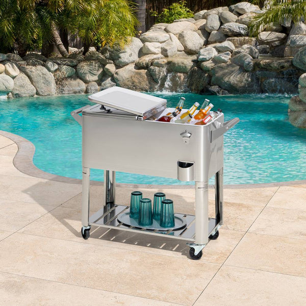 SUNJOY 80 Quart Stainless Steel Cooler Cart with Bottle Opener, Shelf and Lockable Wheels.