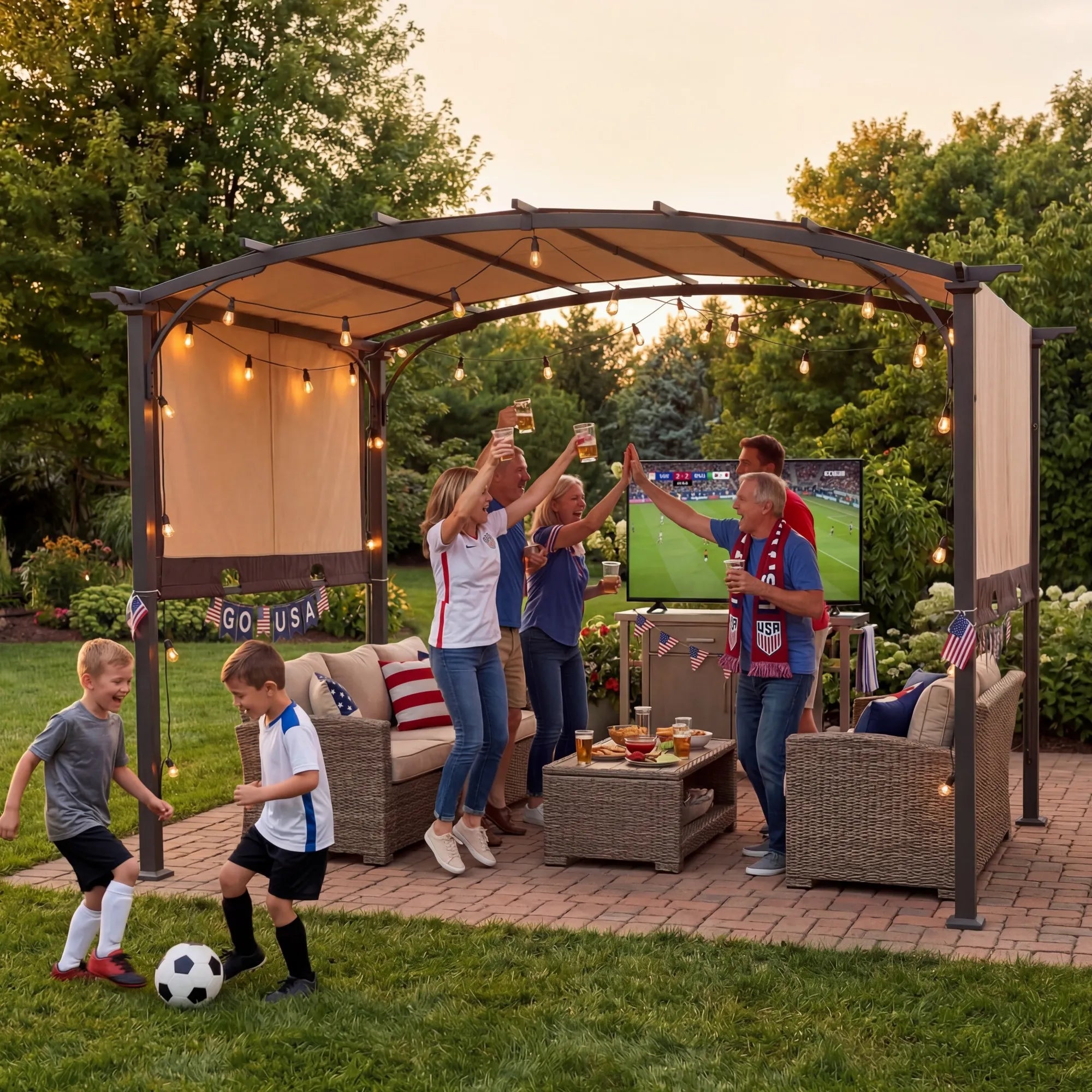 SUNJOY Outdoor Patio 9.5x11 Modern Tan Metal Arched Pergola Kit with Adjustable Canopy