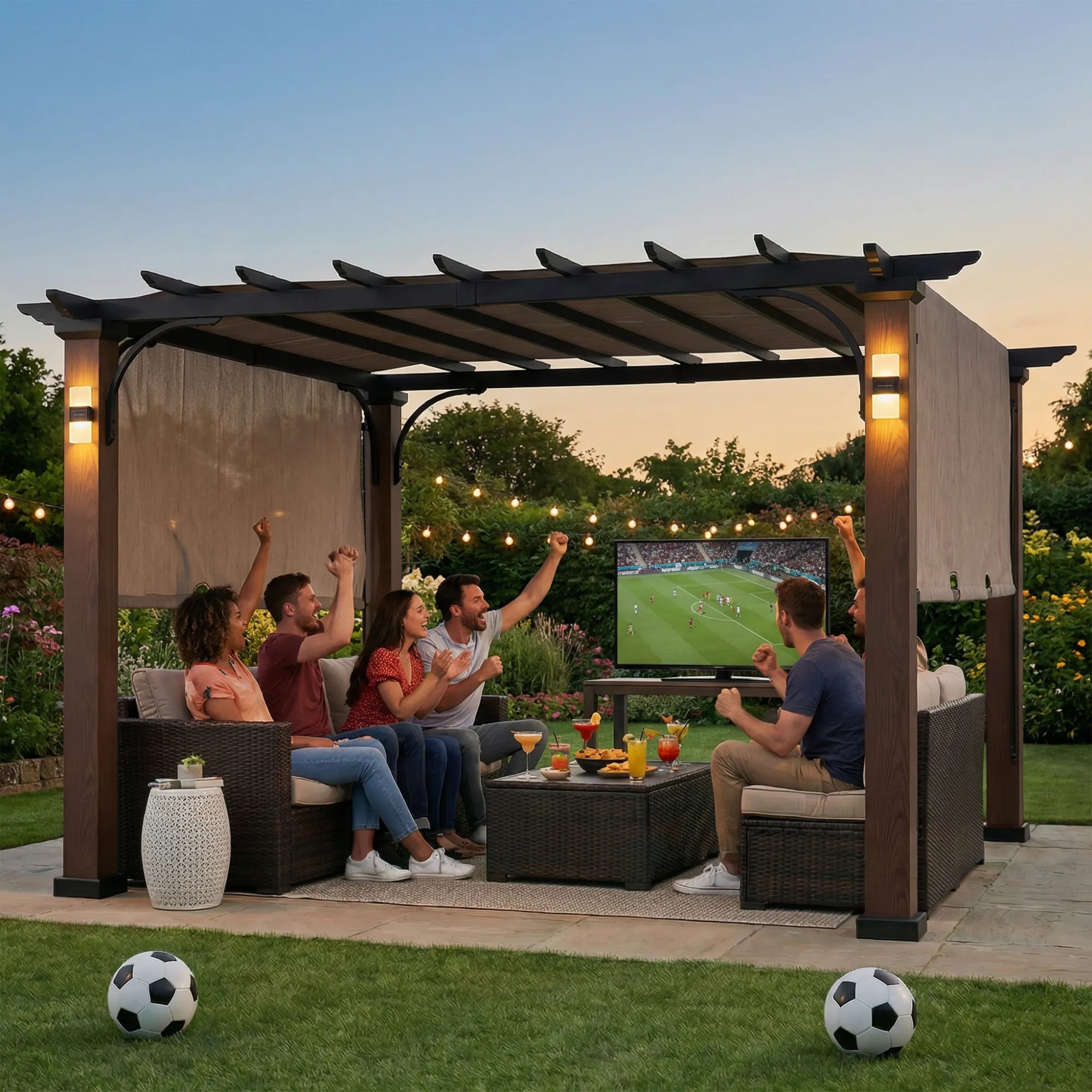 SUNJOY 11x11 Metal Pergola with Roof and Sliding Canopy and Solar Lights