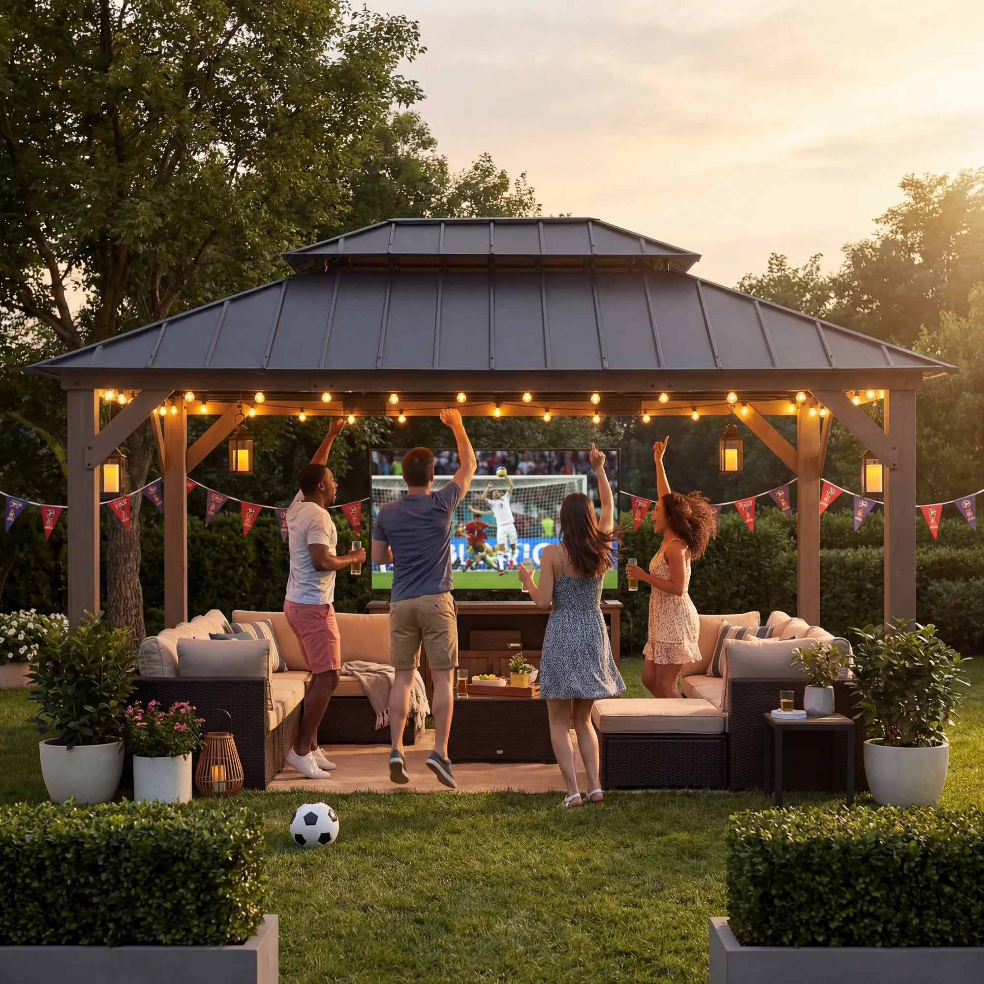 SUNJOY 12x16 Outdoor Cedar Framed Gazebo with 2-Tier Metal Roof and Ceiling Hook - Upgrade Weathered Cedar