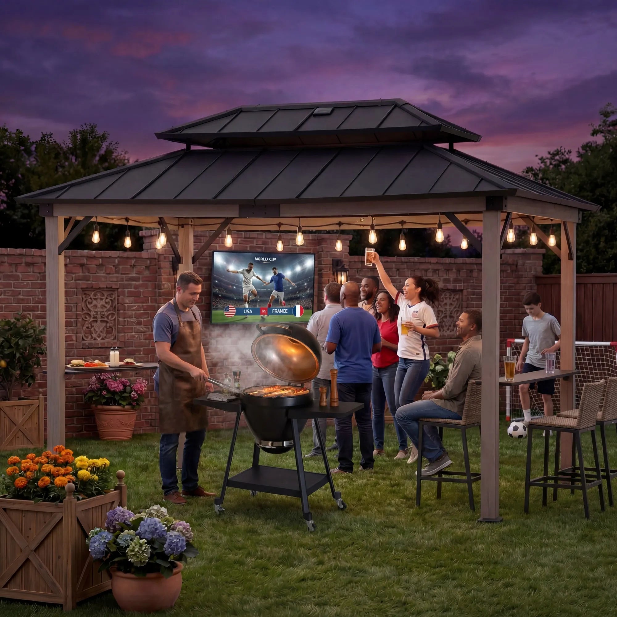 SUNJOY 8x12 Cedar Frame Grill Gazebo with Solar Power and Shelves - Black