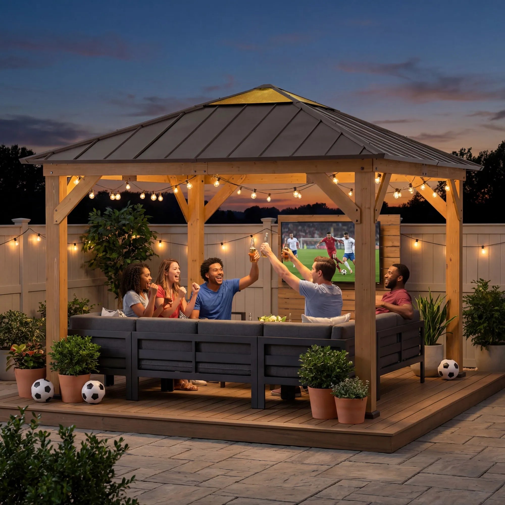 SUNJOY Hard Top Gazebo, 11' x 11' Wooden Gazebo, Cedar Framed Gazebo with Steel Hip Roof and Polycarbonate Skylight