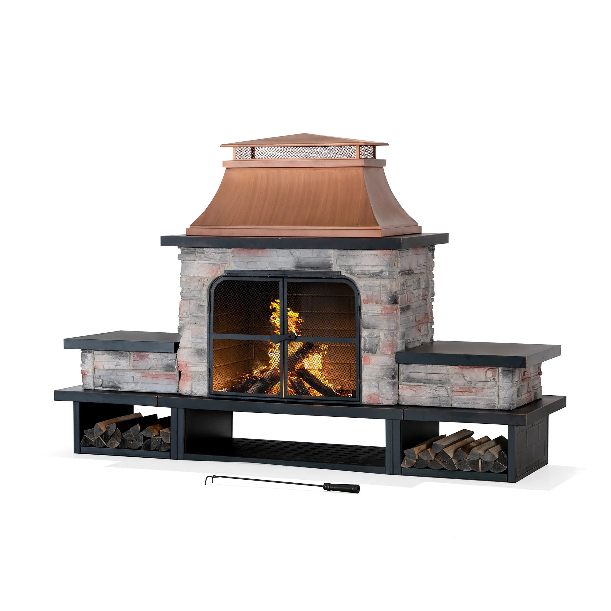 Canyon Stone Wood Burning Fireplace 82", with Log Holders - Copper