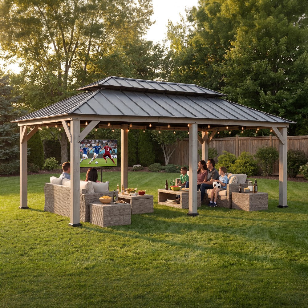 SUNJOY 12x20 Wooden Frame Hardtop Gazebo with Rectangle Double Tier and Ceiling Hook - Standard Driftwood Cedar