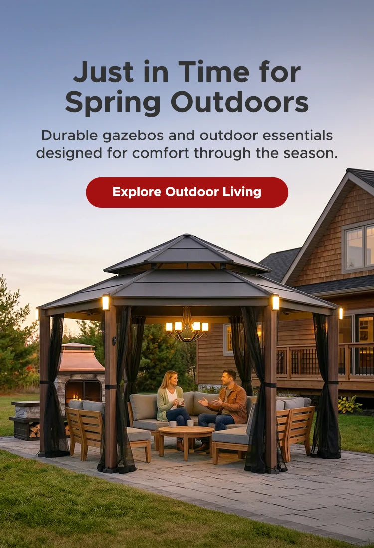 a couple rest under a sunjoy hexagon gazebo with netting