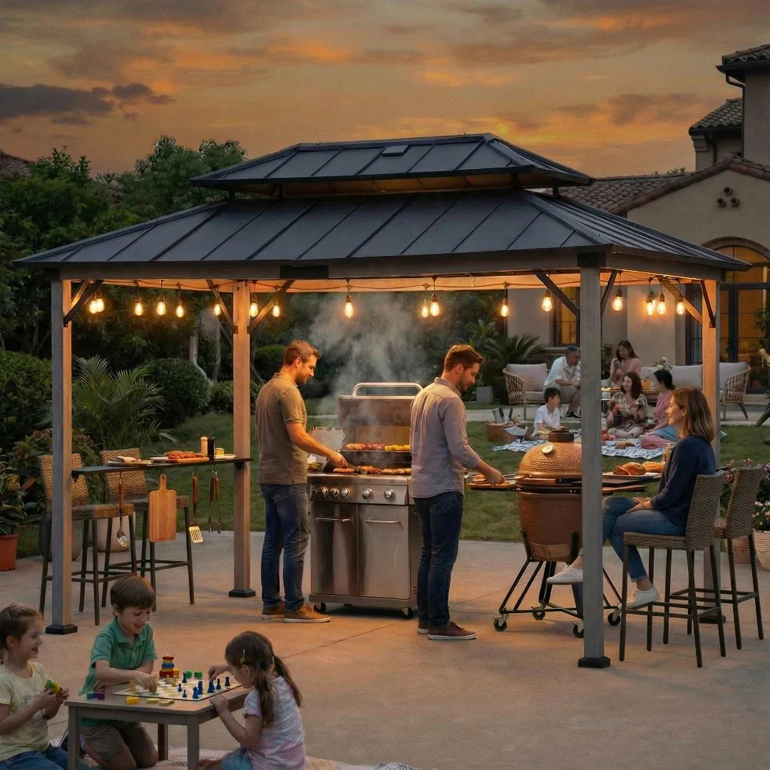Family gathering around a barbecue grill under a gazebo with a sunset sky.