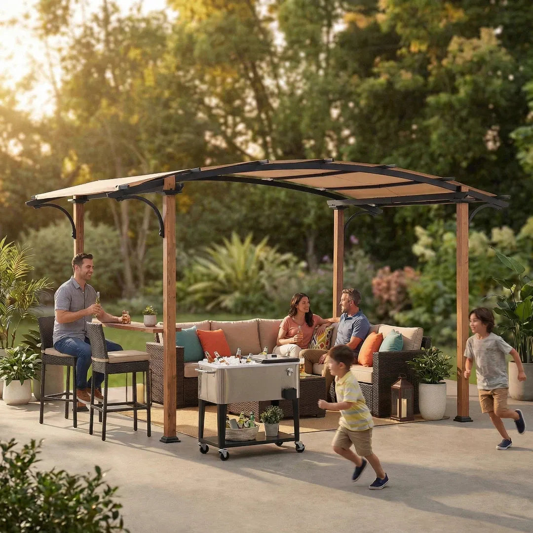 Family and children enjoying a patio with a pergola and outdoor furniture.