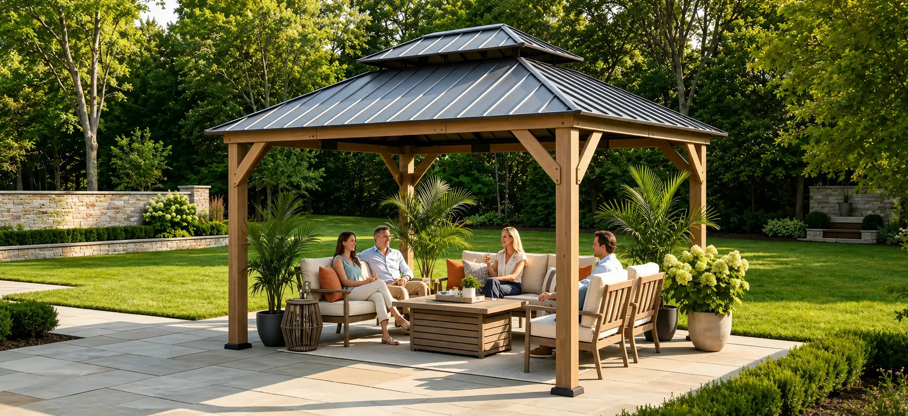 A family sitting under a hardtop gazebo