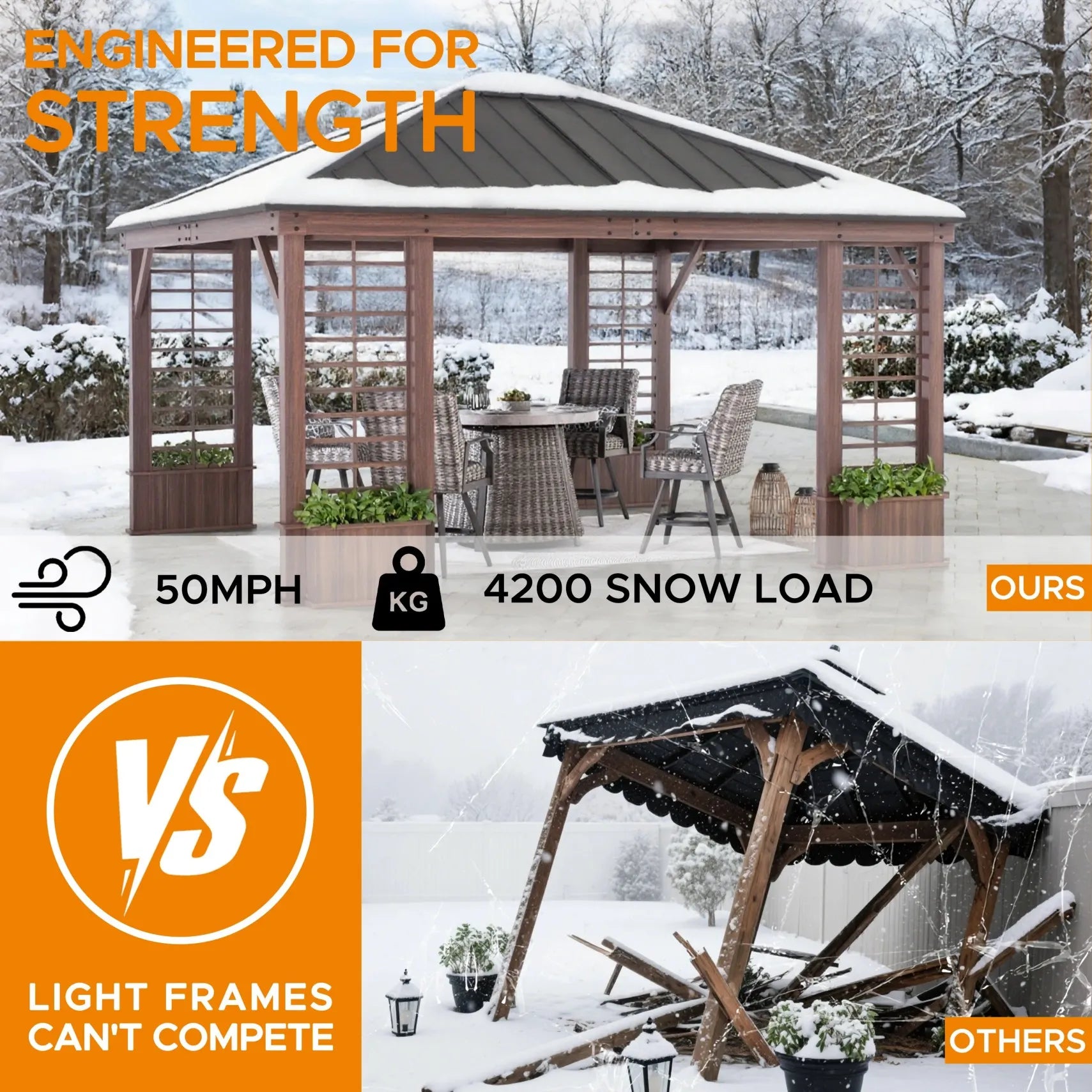 SUNJOY 13x15 Hardtop Gazebo Outdoor Black Steel Roof Gazebo Backyard Aluminum Framed Gazebo with Planters and Ceiling Hook