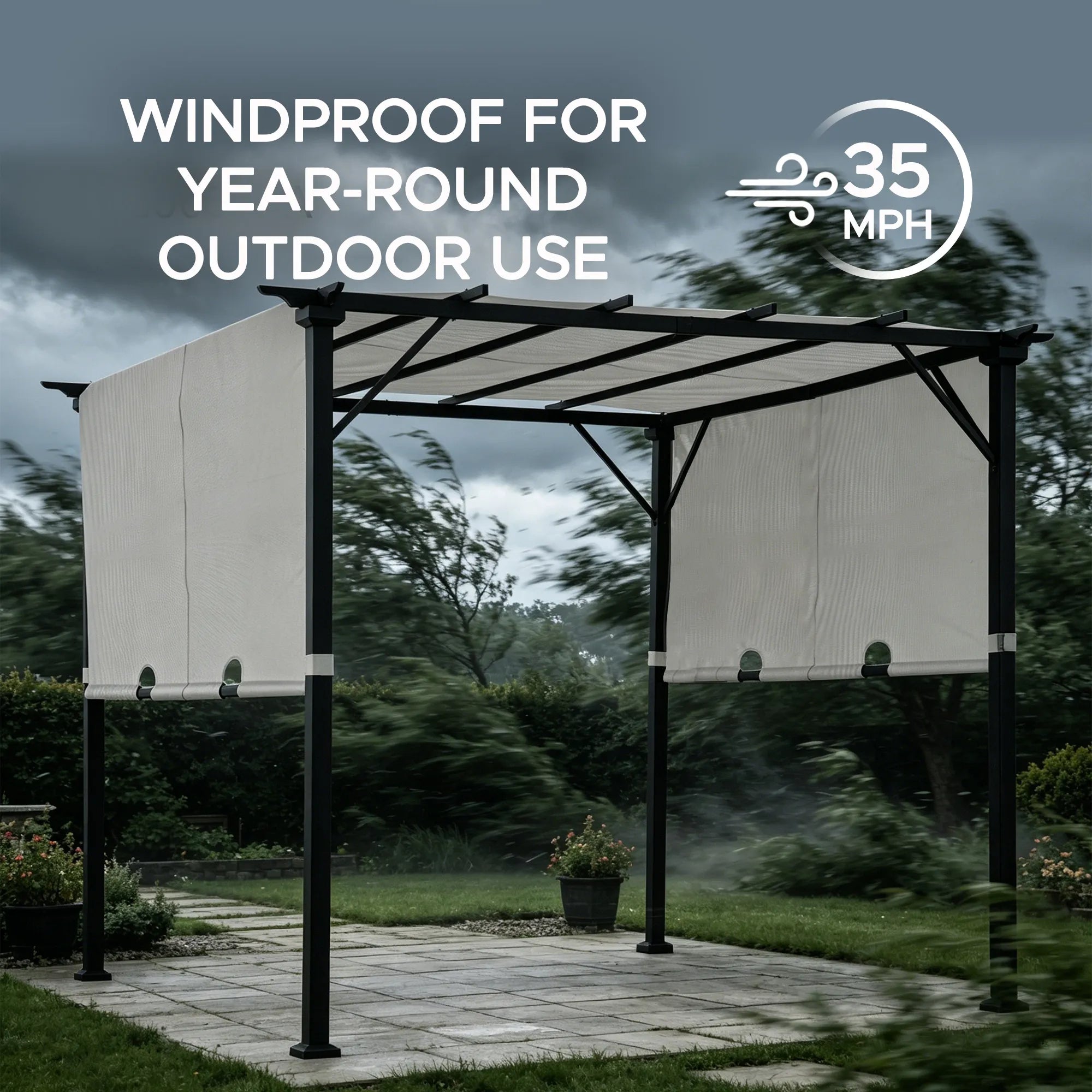 SUNJOY 9x9 Matte Black Steel Frame Pergola with Adjustable Canopy Roof - White