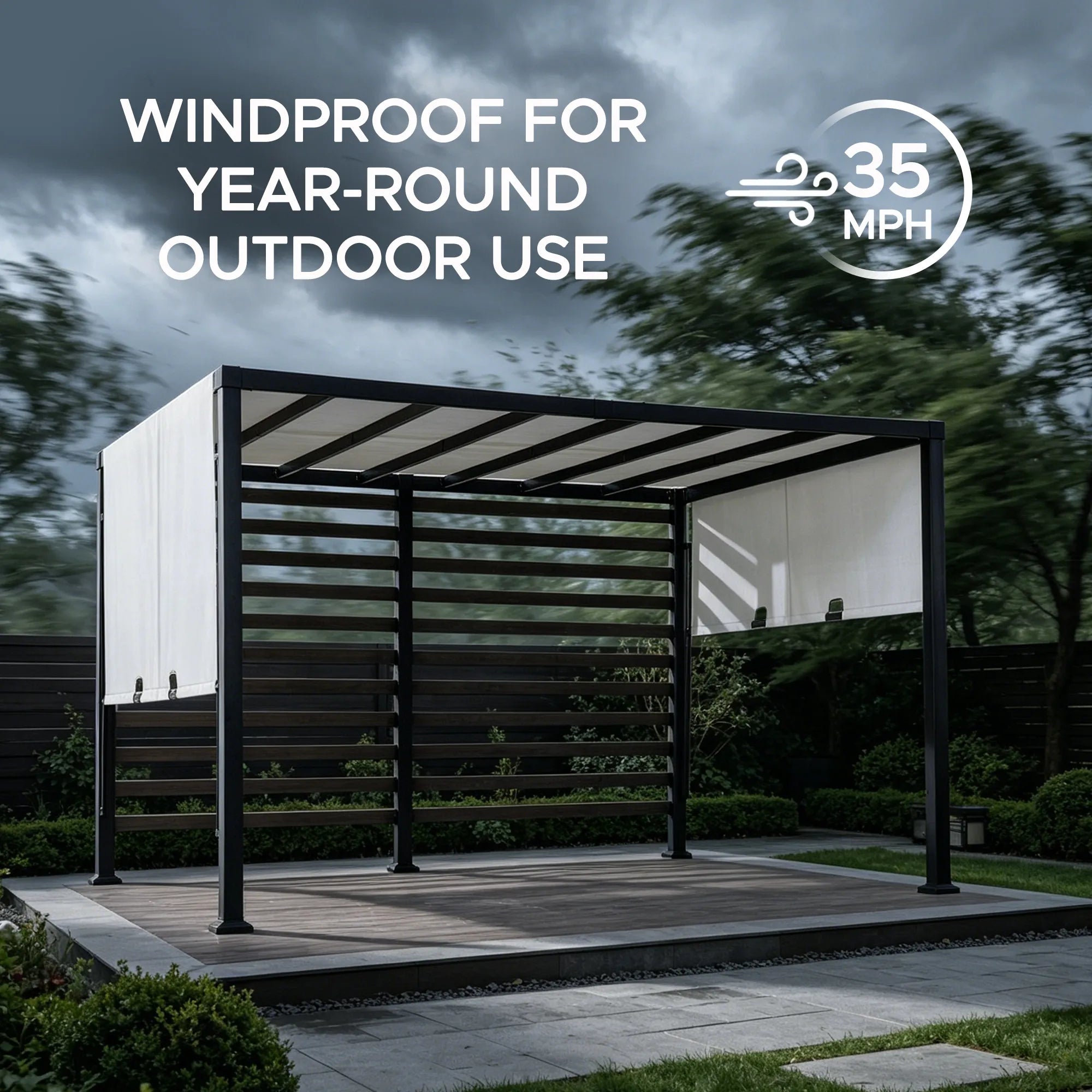 SUNJOY 10x12 Modern Steel Pergola Kit with White Adjustable Canopy and Privacy Wall