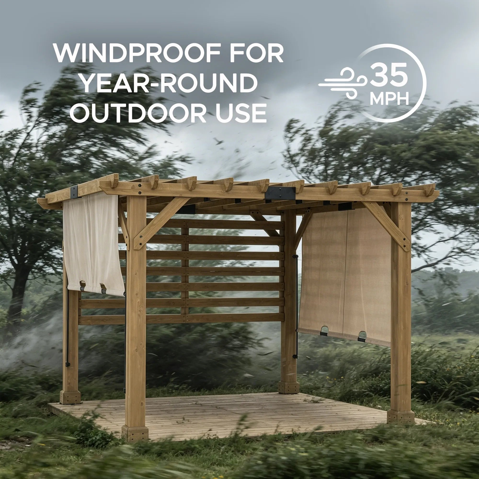 SUNJOY Outdoor Patio 10x11 Modern Wooden Frame Privacy Screen Hot Tub Pergola Kit with Tan Adjustable Canopy