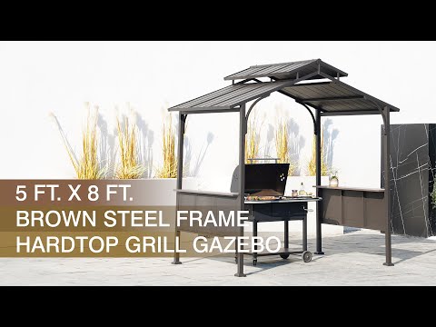 SUNJOY Outdoor Patio 8x5 Brown 2-Tier Steel Backyard Hardtop Grill Gazebo with Metal Ceiling Hook and Bar Shelves