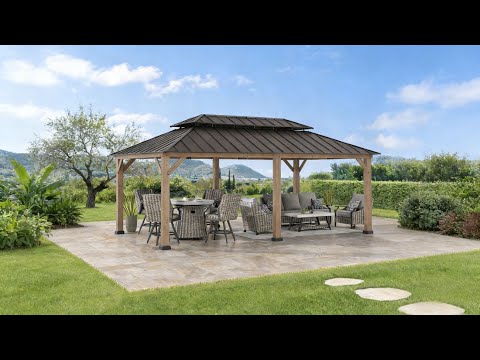 Installation about SUNJOY 12x20 Wooden Frame Hardtop Gazebo with Rectangle Double Tier and Ceiling Hook - Weathered Cedar