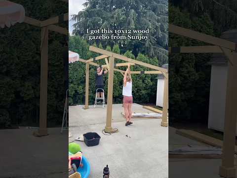 SUNJOY 10x12 Gazebo, Outdoor Patio Wooden Frame Grill Gazebo Backyard BBQ / Hot Tub Gazebo with Steel Roof, Power Port and Bar Shelves 