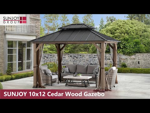 SUNJOY 10x12 Gazebo, Outdoor Patio Wooden Frame Grill Gazebo Backyard BBQ / Hot Tub Gazebo with Steel Roof, Power Port and Bar Shelves 