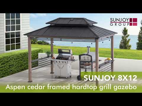 SUNJOY Grill Gazebo, 8x12 Cedar Frame Hardtop Gazebo with Solar Power and Shelves 