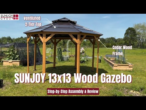 SUNJOY 13x13 Octagon Wooden Gazebo with Ceiling Hook - Brown.