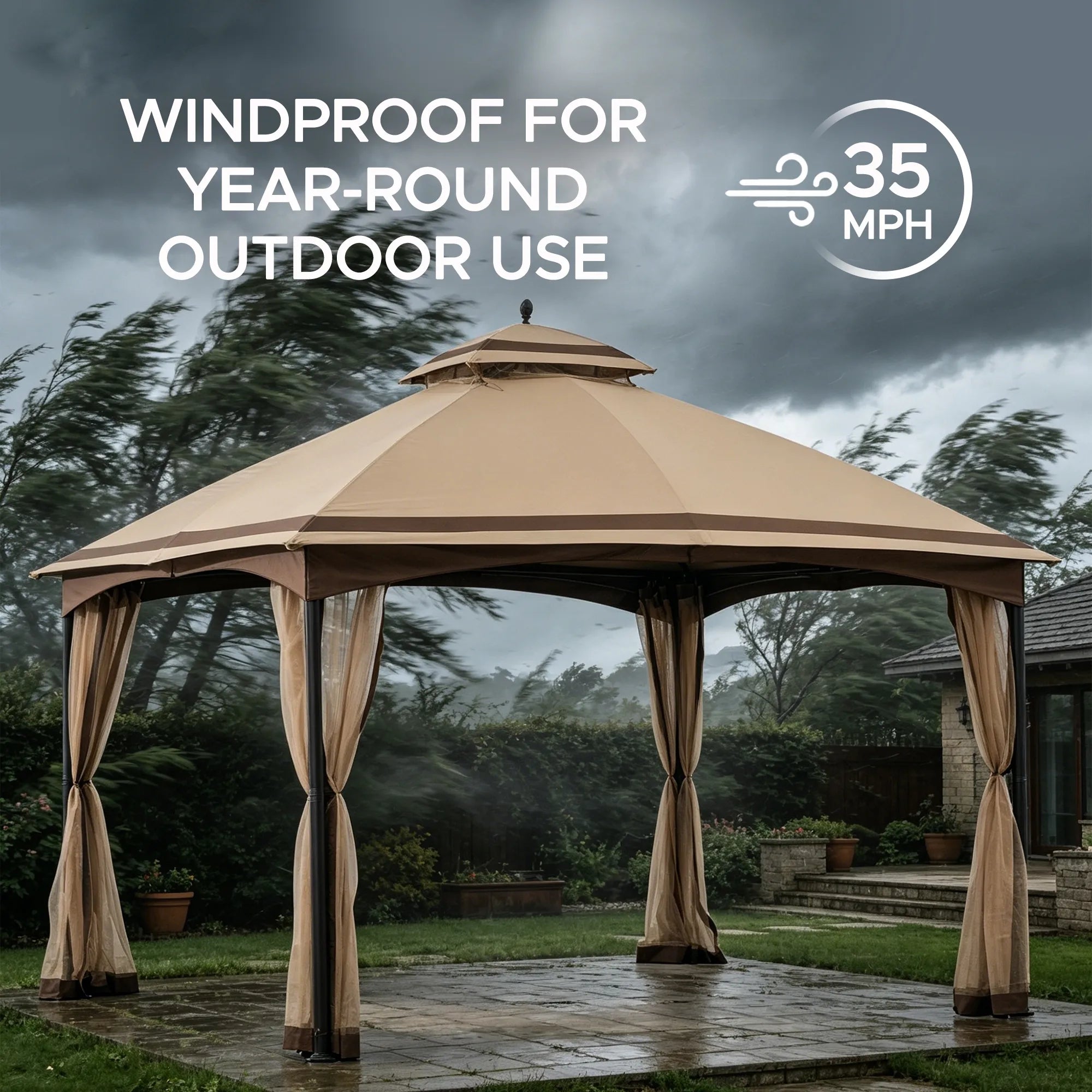 SUNJOY Outdoor Patio 10x13 Steel 2-Tier Backyard Soft Top Gazebo with Ceiling Hook and Netting