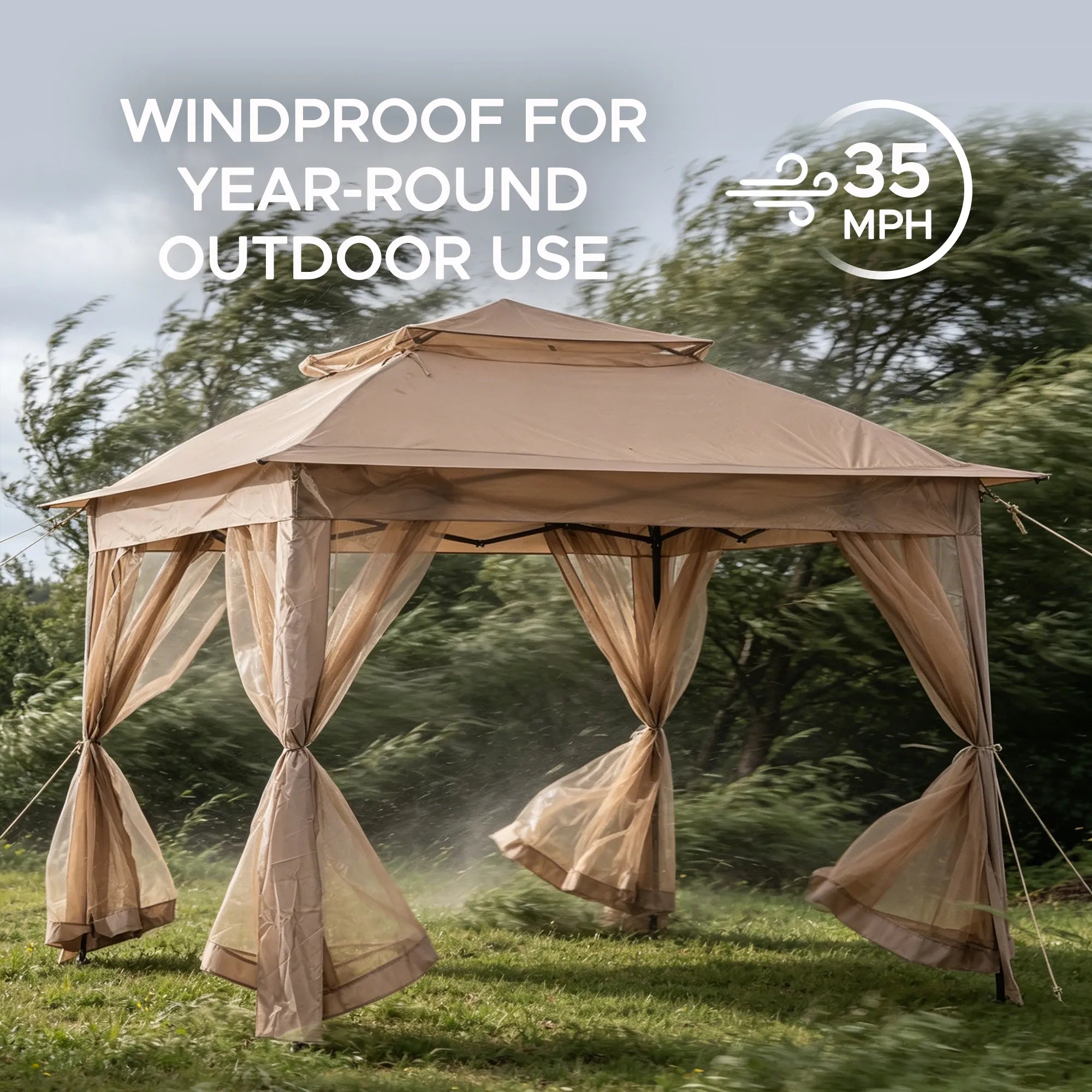 SUNJOY 11x11 Portable Pop Up Gazebo with 2-Tier Roof and Netting - Khaki
