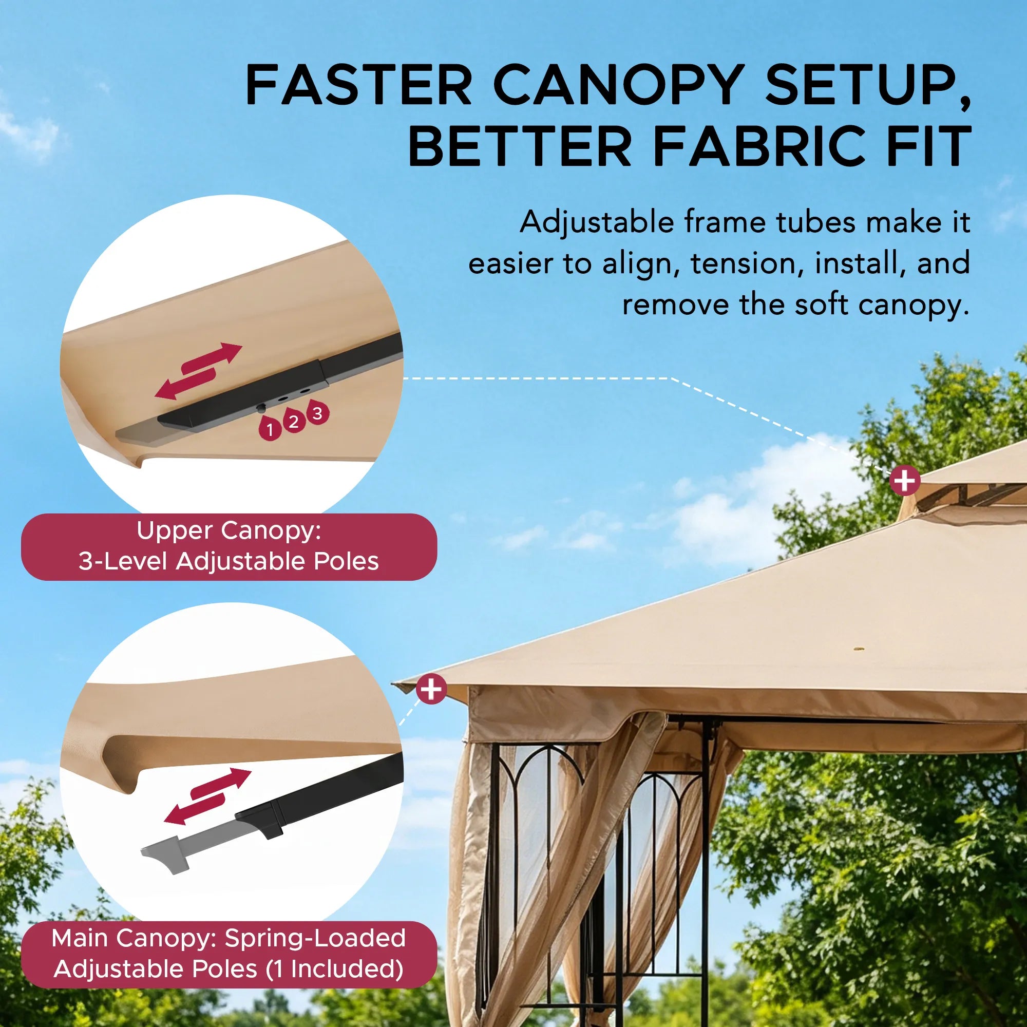SUNJOY 11x11 Soft Top Patio Gazebo, Steel Gazebo with 2-Tier Khaki Canopy, Netting and Shelves