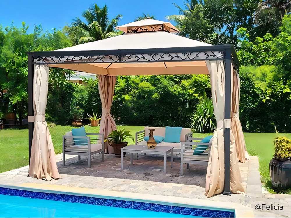 Soft-top gazebo by the pool creating a shaded lounge space for outdoor entertaining