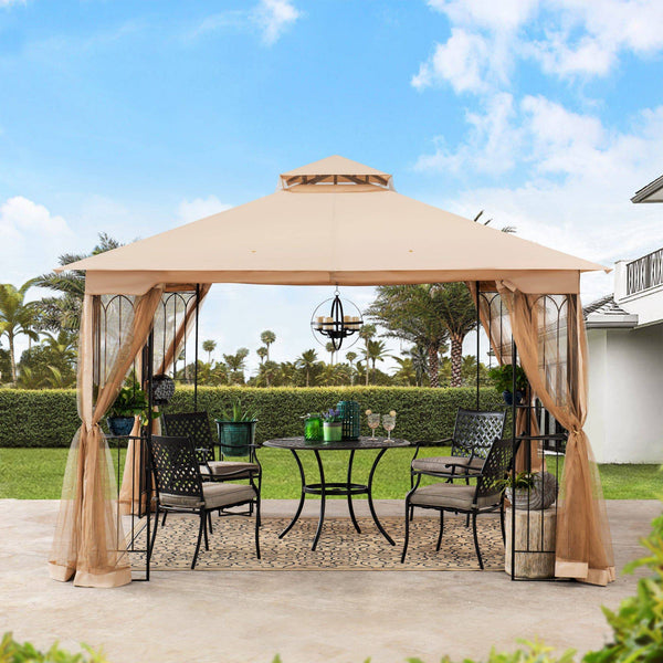 Sunjoy 11 ft. x 11 ft. Steel Gazebo with 2-tier Khaki Canopy and Netting and Corner Fence Structures.