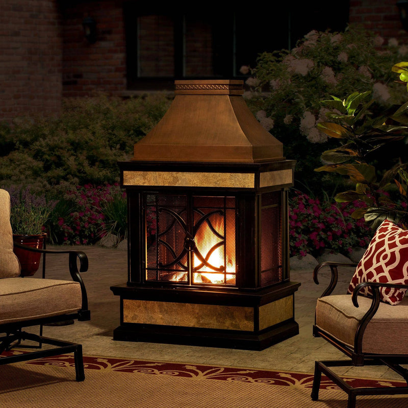 Sunjoy Outdoor Fireplace with Mesh Screen Doors and Fireplace Tools