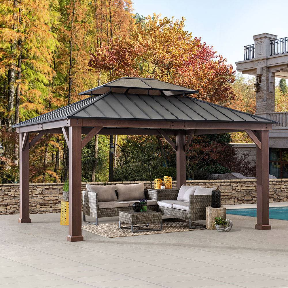 SUNJOY 13x15 Hardtop Gazebo, Wood Grain Aluminum Frame Metal Gazebo with 2-Tier Steel Roof and Hook